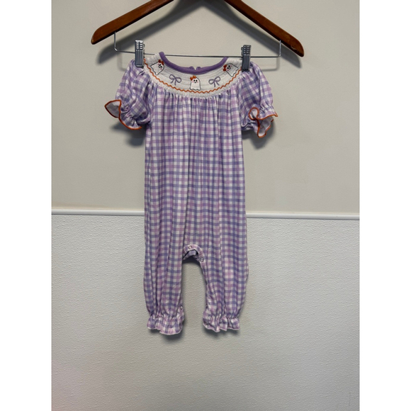 Unbranded Other - Baby Girl Jumpsuit & Romper 12 M Purple White Gingham Ghost Smocked Embroidered